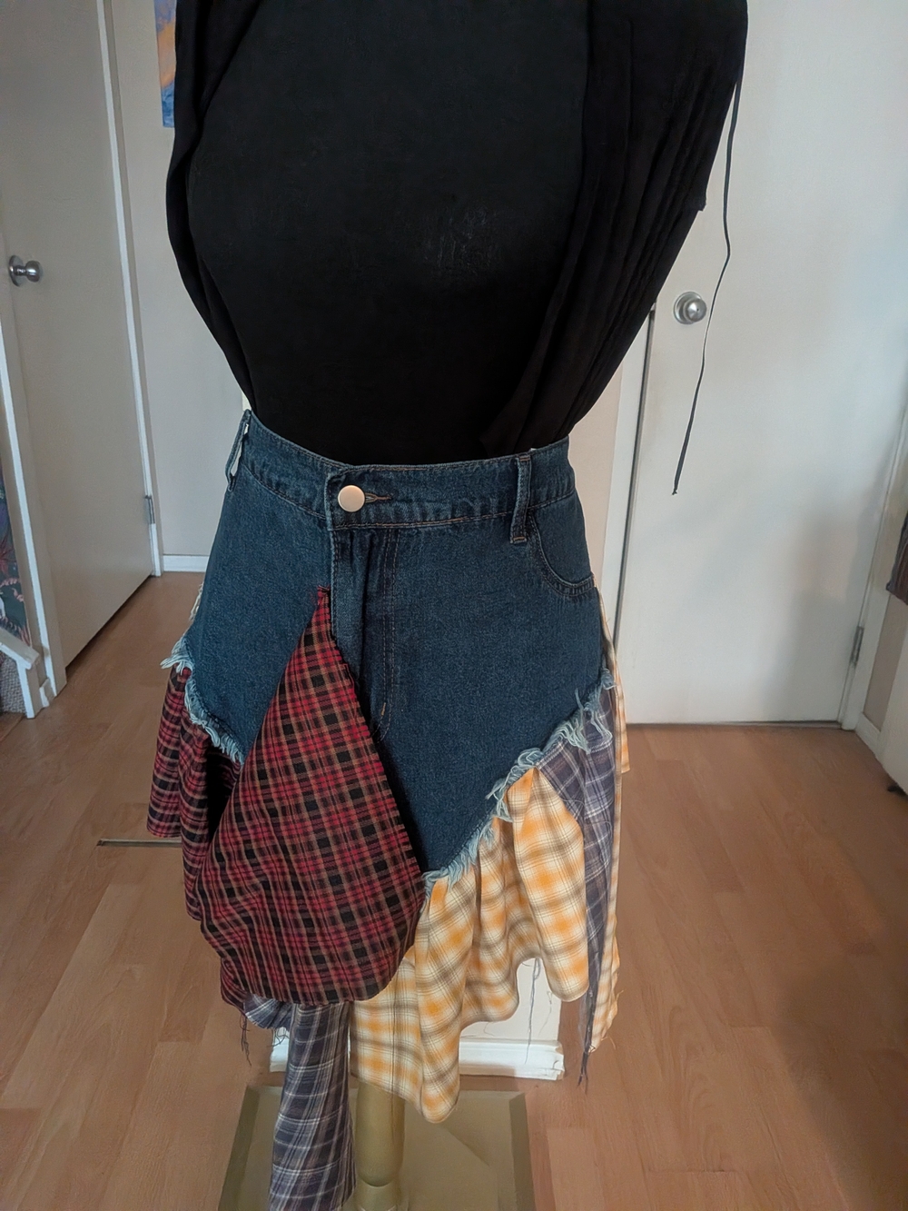 SHEIN Patchwork Denim Mini Skirt with Plaid Panels - Black/Red/Yellow